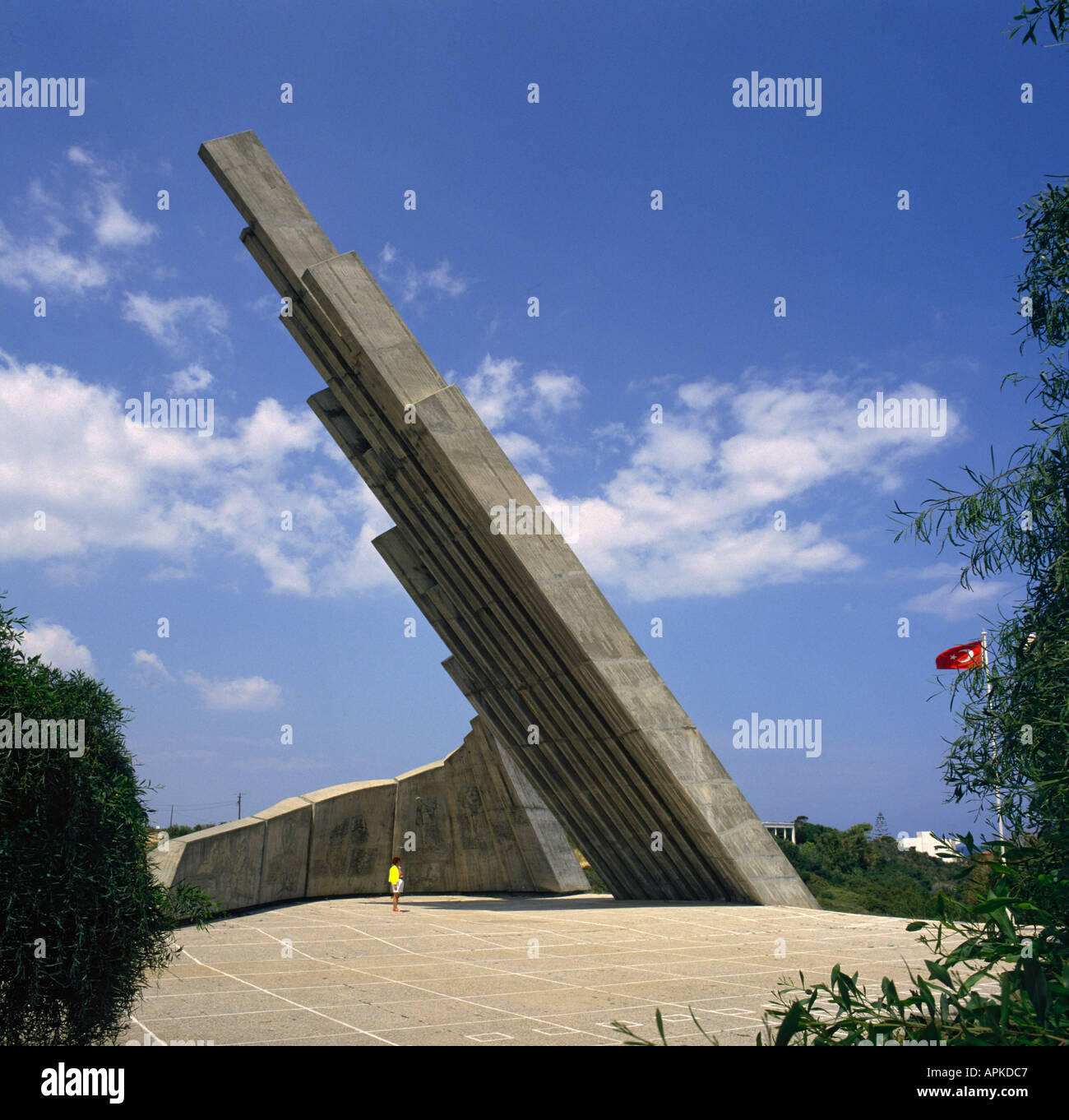 Unusual tall angled sculpture named The Peace and Freedom Monument at