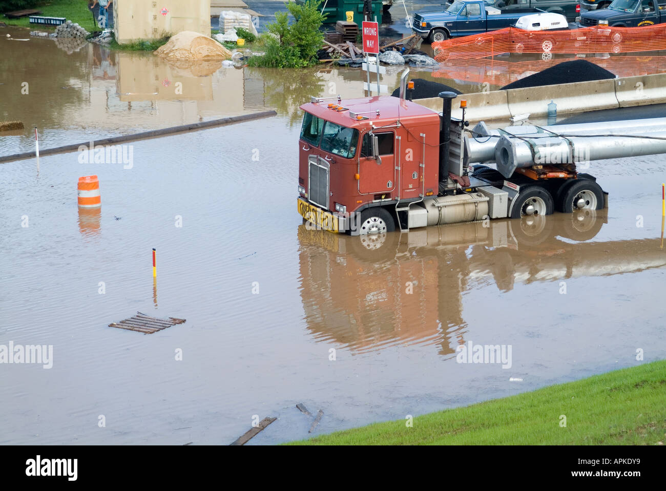 Truck stuck in rising waters of a flood, Pennsylvania, USA Stock Photo