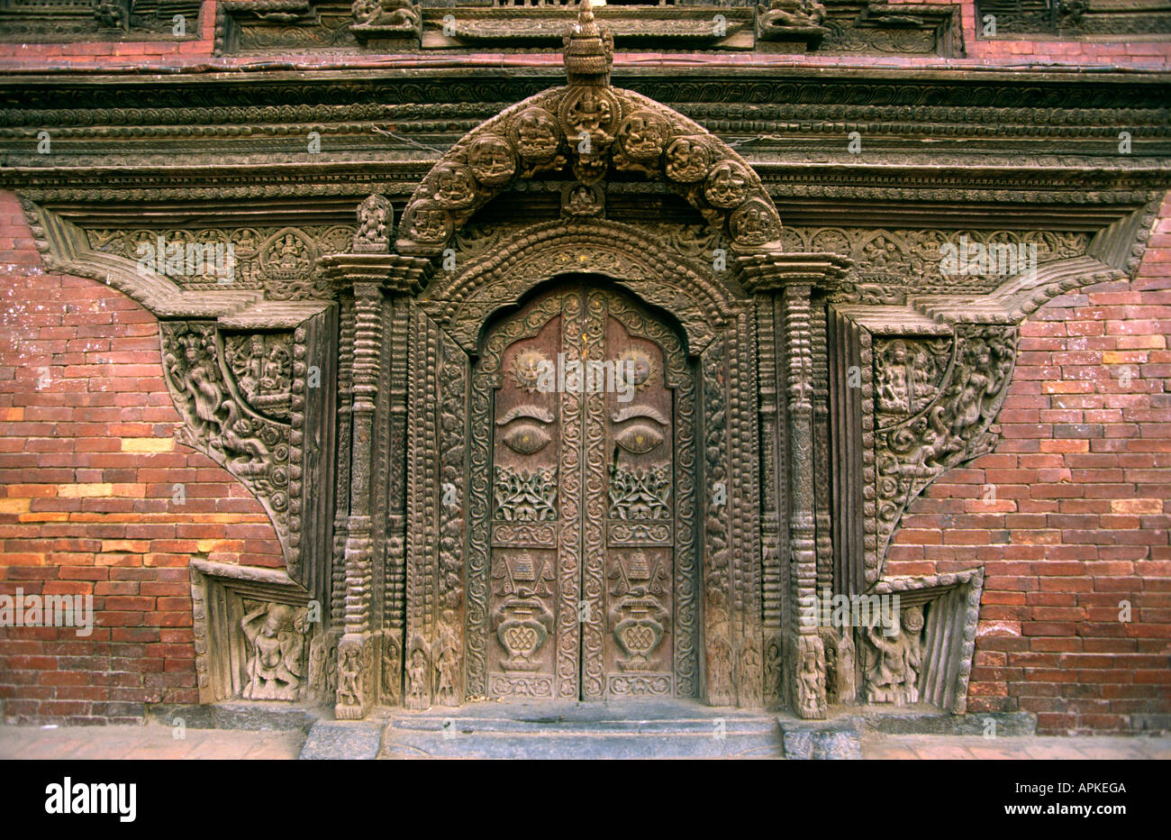 Nepal Kathmandu Durbar Square decoratively carved temple entrance Stock Photo