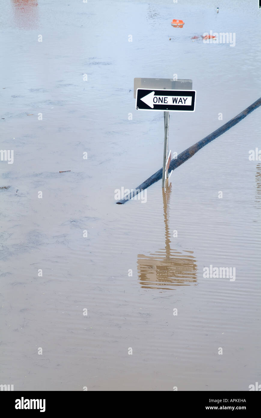 Traffic One Way Sign In Flooded Road Pennsylvania, USA Stock Photo