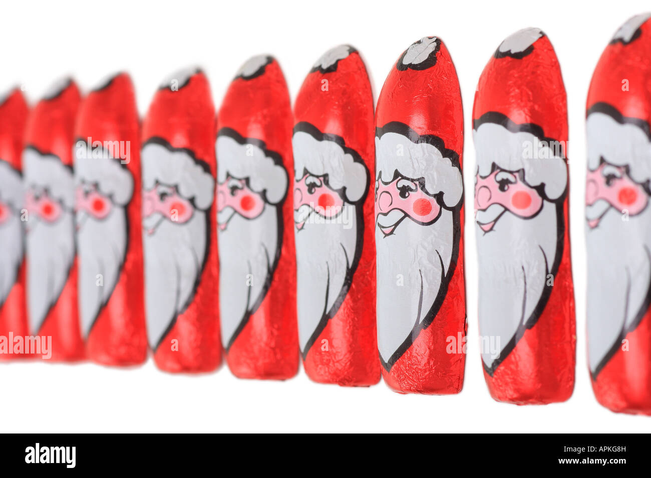 chocolate santa clauses in rank Stock Photo