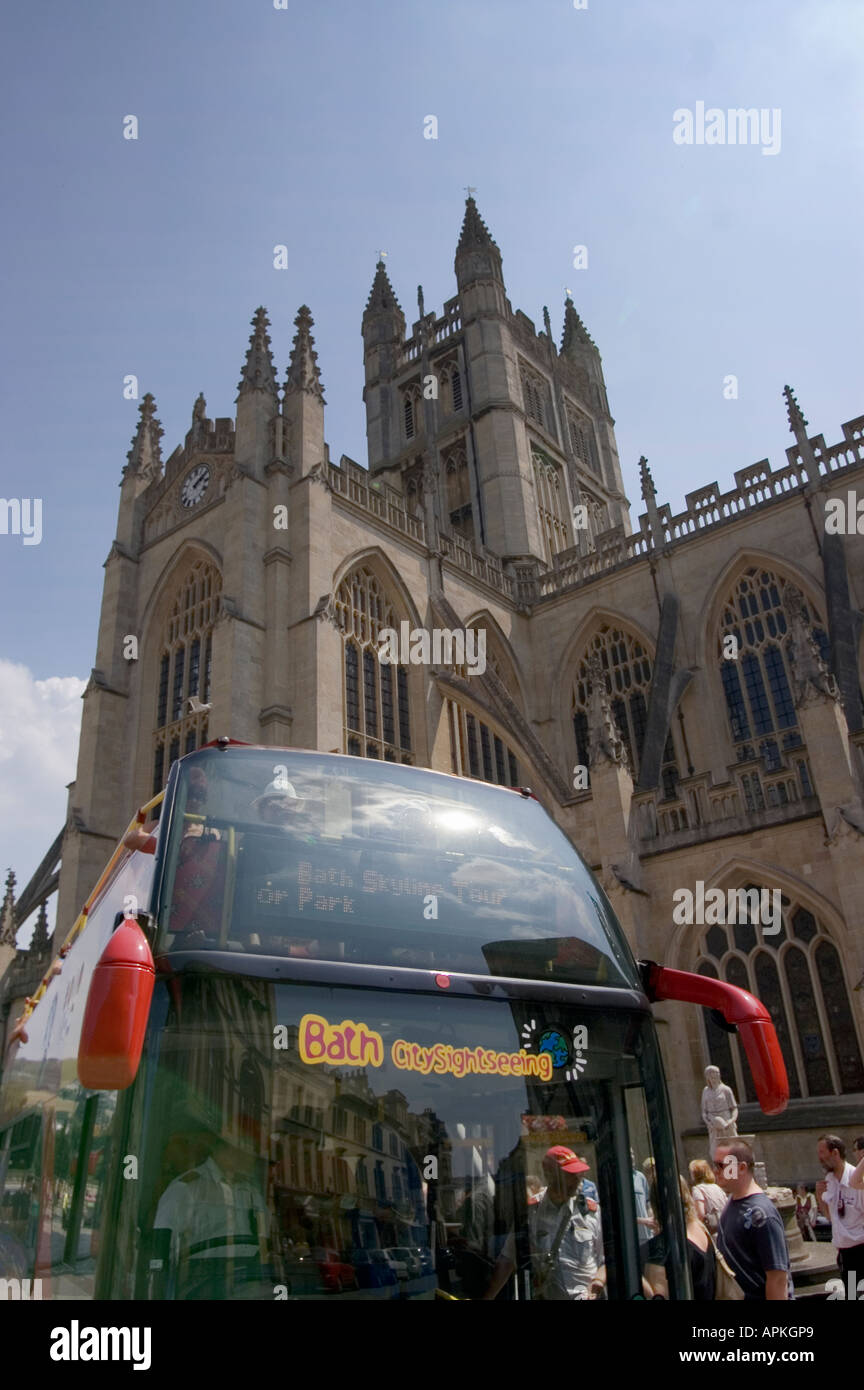 Bath Abbey with sight-seeing open-topped double decker bus, BATH ...