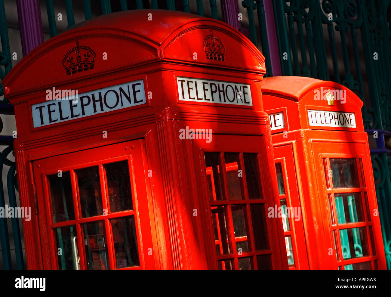 Traditional red telephone boxes, Smithfield  Market, London Stock Photo