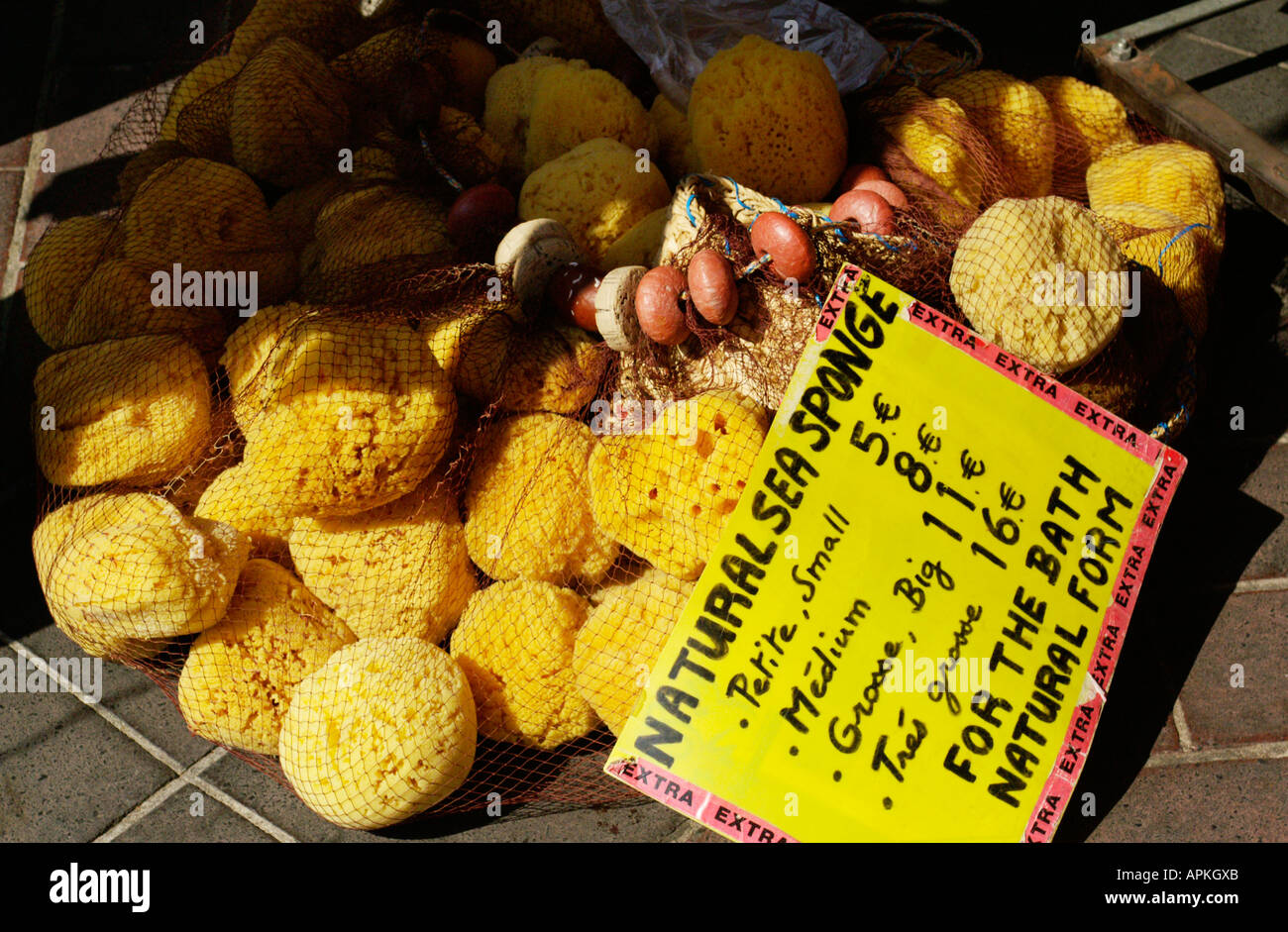 Sponges for sale in outdoor market, Marché aux Fleurs, Nice FRANCE Stock Photo
