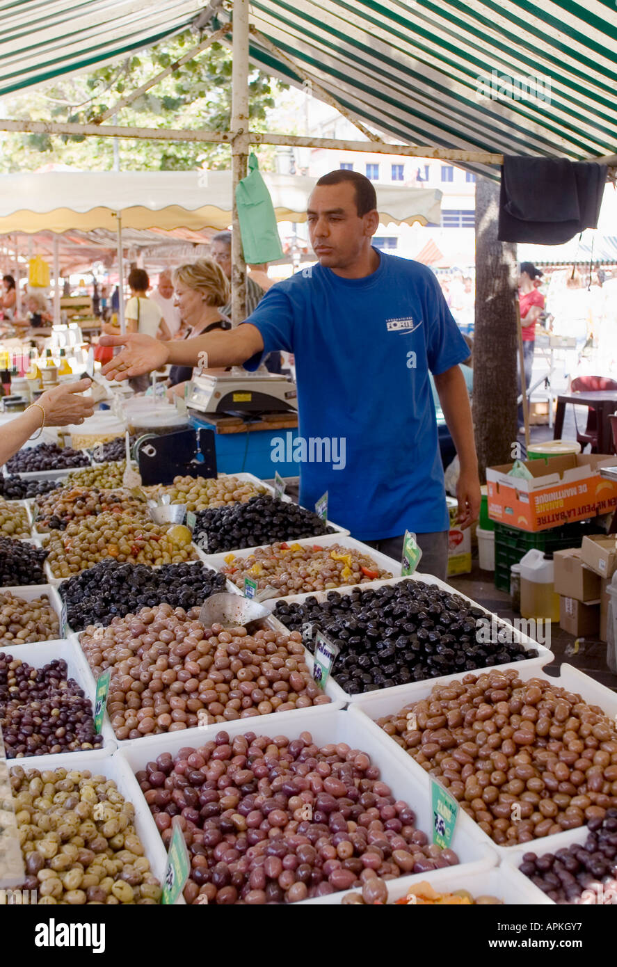 Olive stall in outdoor market in old town Nice FRANCE Stock Photo