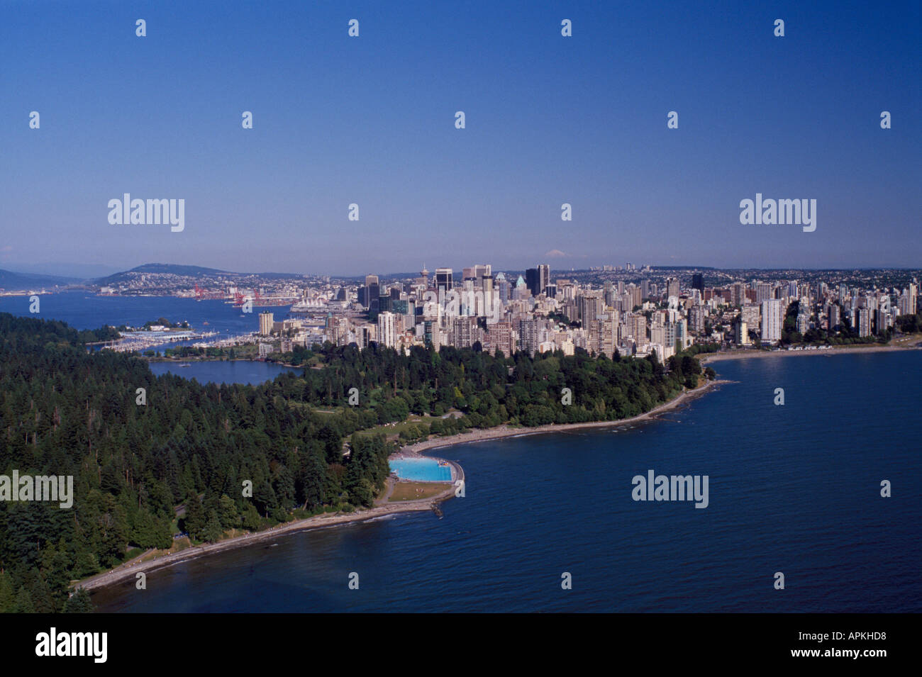Aerial View of Stanley Park and Seawall and the 'West End' of Downtown Vancouver along 'English Bay' British Columbia Canada Stock Photo