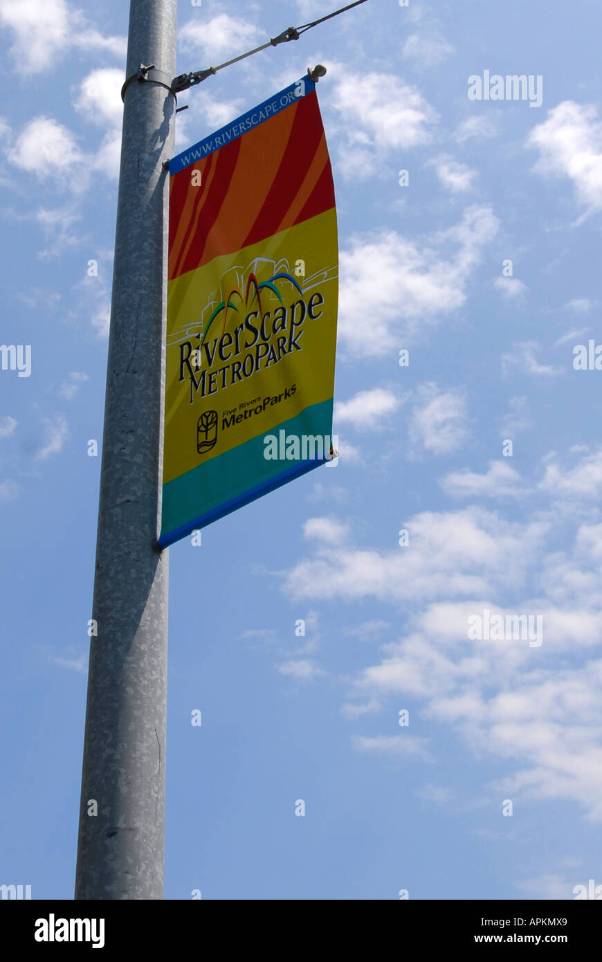 Sign on pole designating the Riverscape Metro Park in the city of Dayton Ohio OH Stock Photo