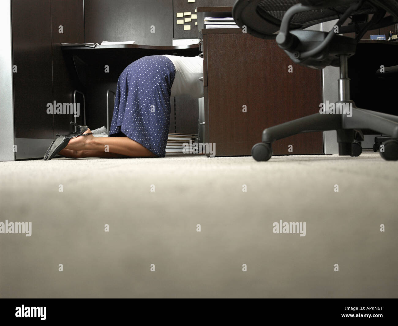 Female office worker kneeling under desk Stock Photo Alamy
