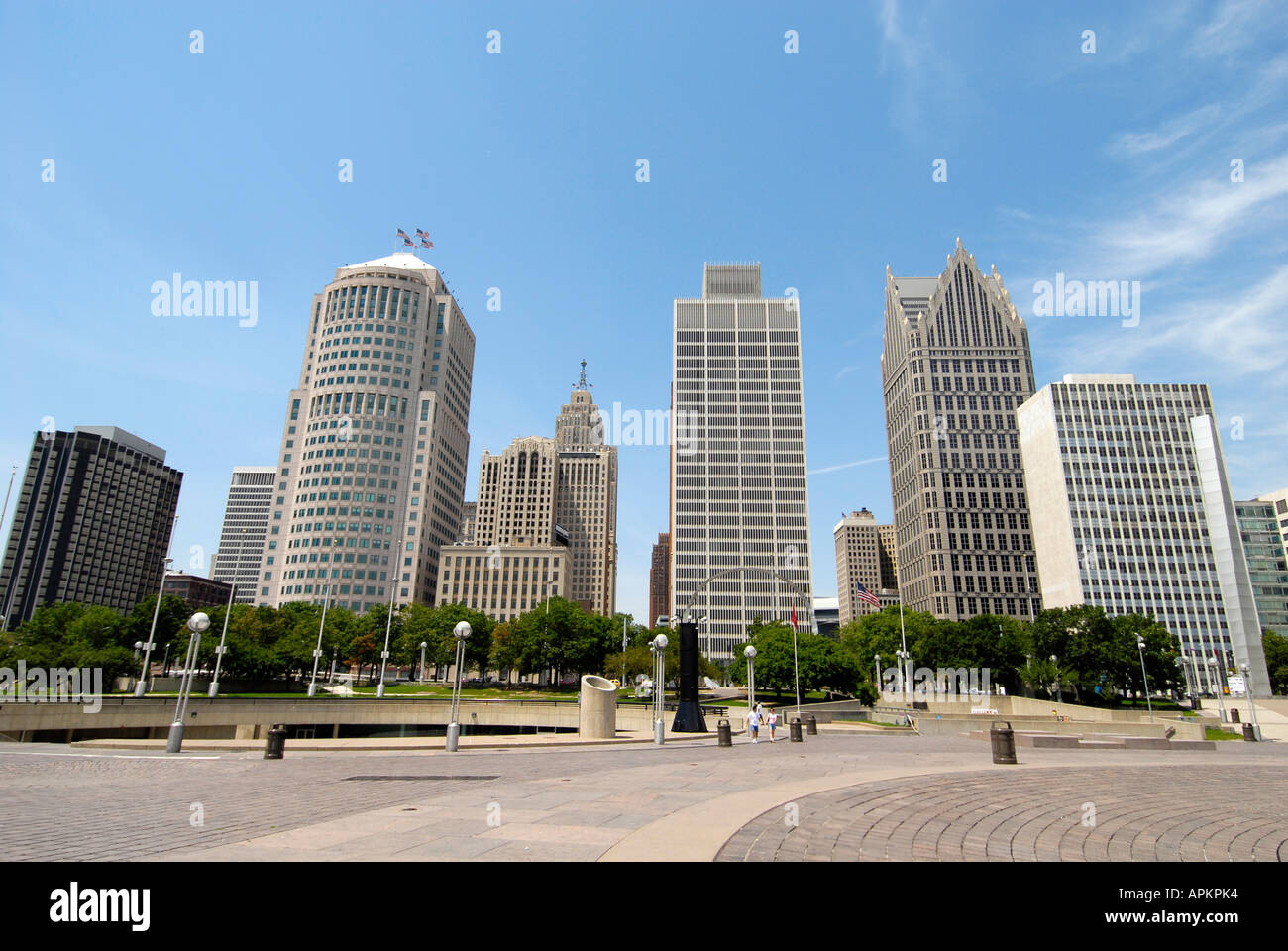 Downtown Detroit Michigan as view from the Hart Plaza symbolizing Michigan s Labor Legacy Landmark Transcending Stock Photo