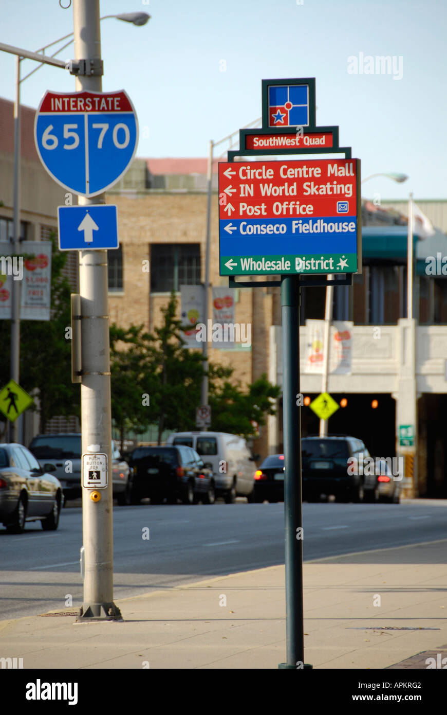 Downtown Indianapolis street signs showing directions to various points