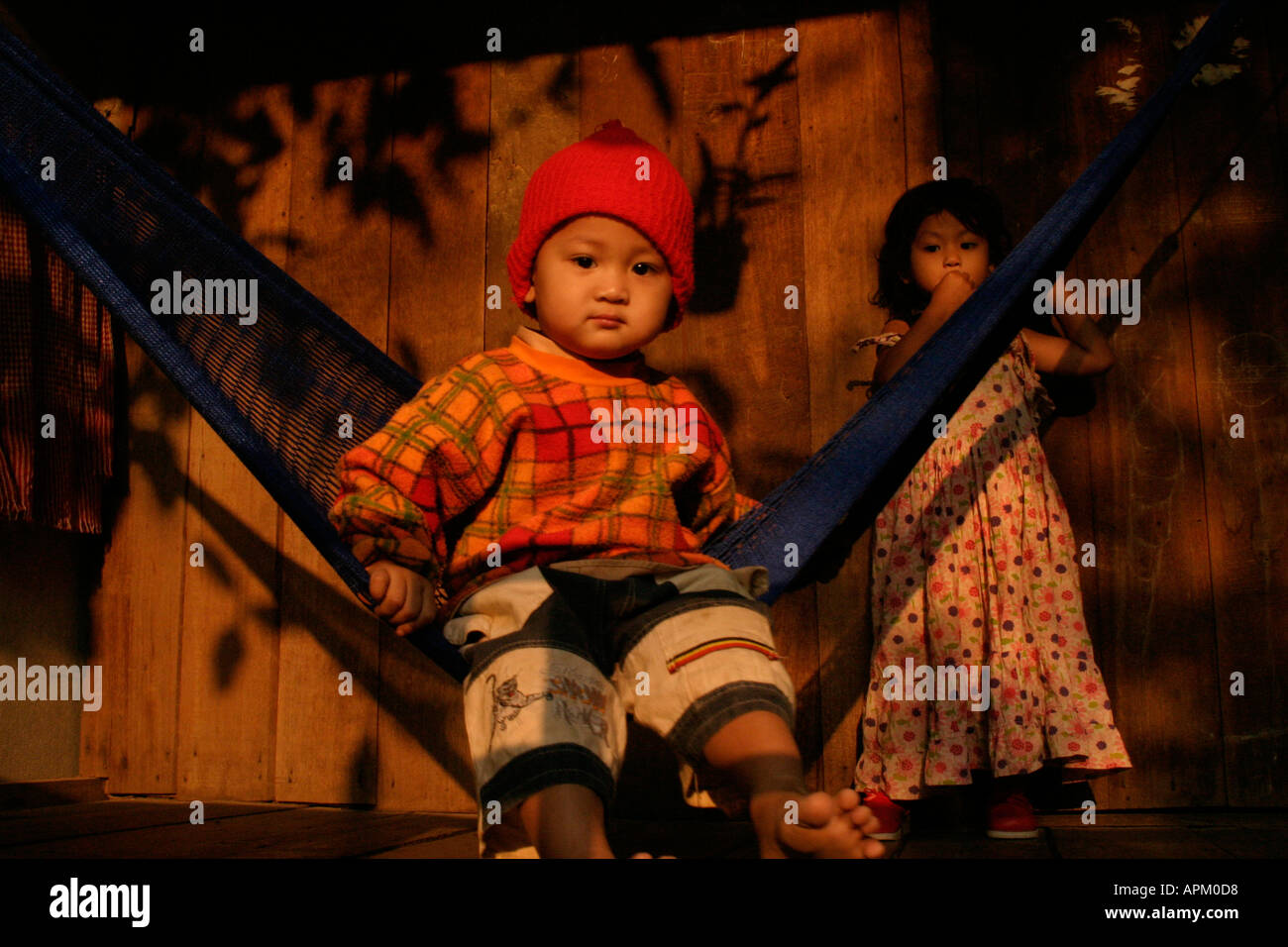 Brother and sister play on swing Stock Photo - Alamy