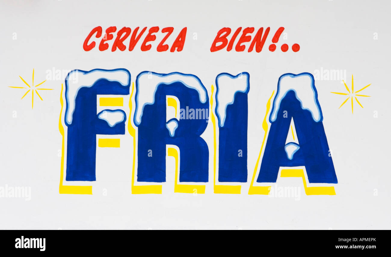 Cold beer Spanish hand painted graphic advertisement Cabo San Lucas