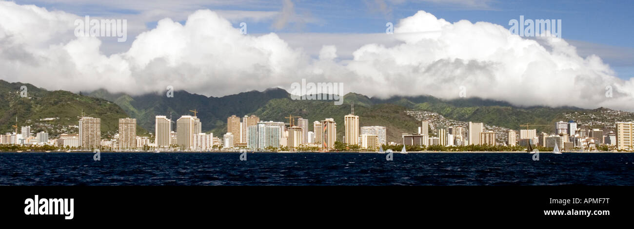 Ocean view of high rise hotel blocks line Waikiki Beach Honolulu Hawaii USA Stock Photo