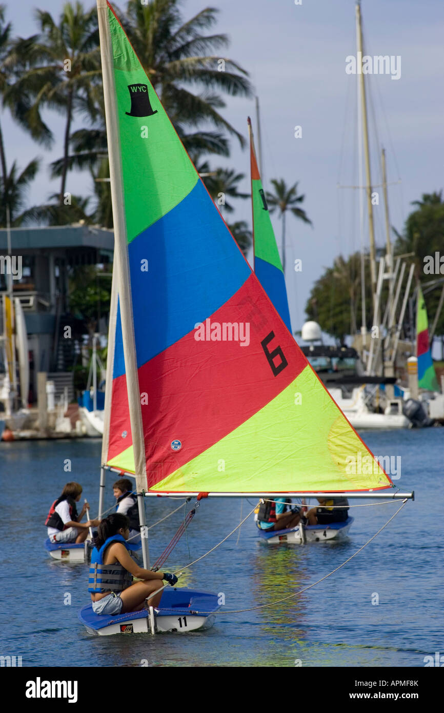 Sailing school youngsters Ala Wai Canal Honolulu Hawaii USA Stock Photo