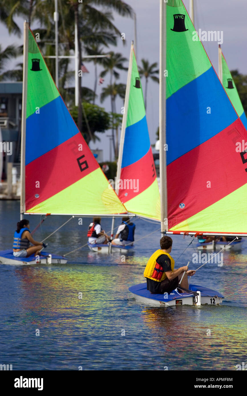 Sailing school youngsters Ala Wai Canal Honolulu Hawaii USA Stock Photo