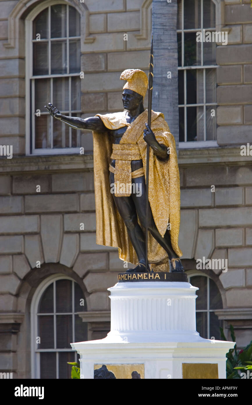Statue of King Kamehameha the Great outside the state Supreme Court building Honolulu city