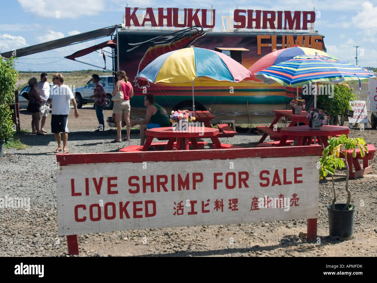 Popular roadside cooked shrimp stand Kahuku Shrimp north shore Oahu