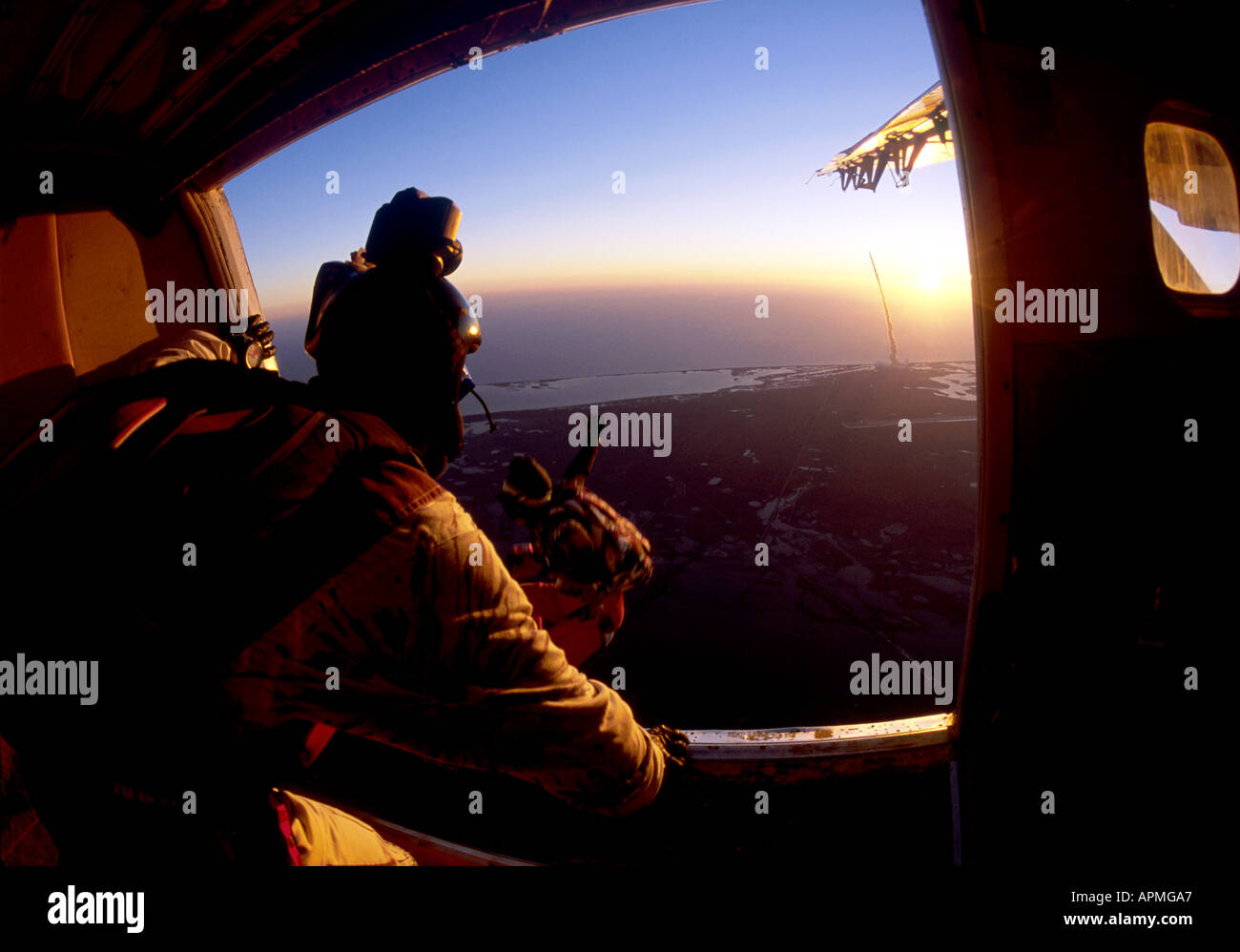 Exiting a plane at dawn, skydiving, Titusville, Florida, USA Stock ...