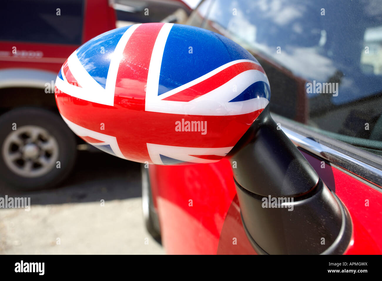 Union Jack Wing Mirror Union Jack union flag Wing Mirror on Mini Cooper in England, Great Britain, GB, UK, patriotic patriotism, Stock Photo