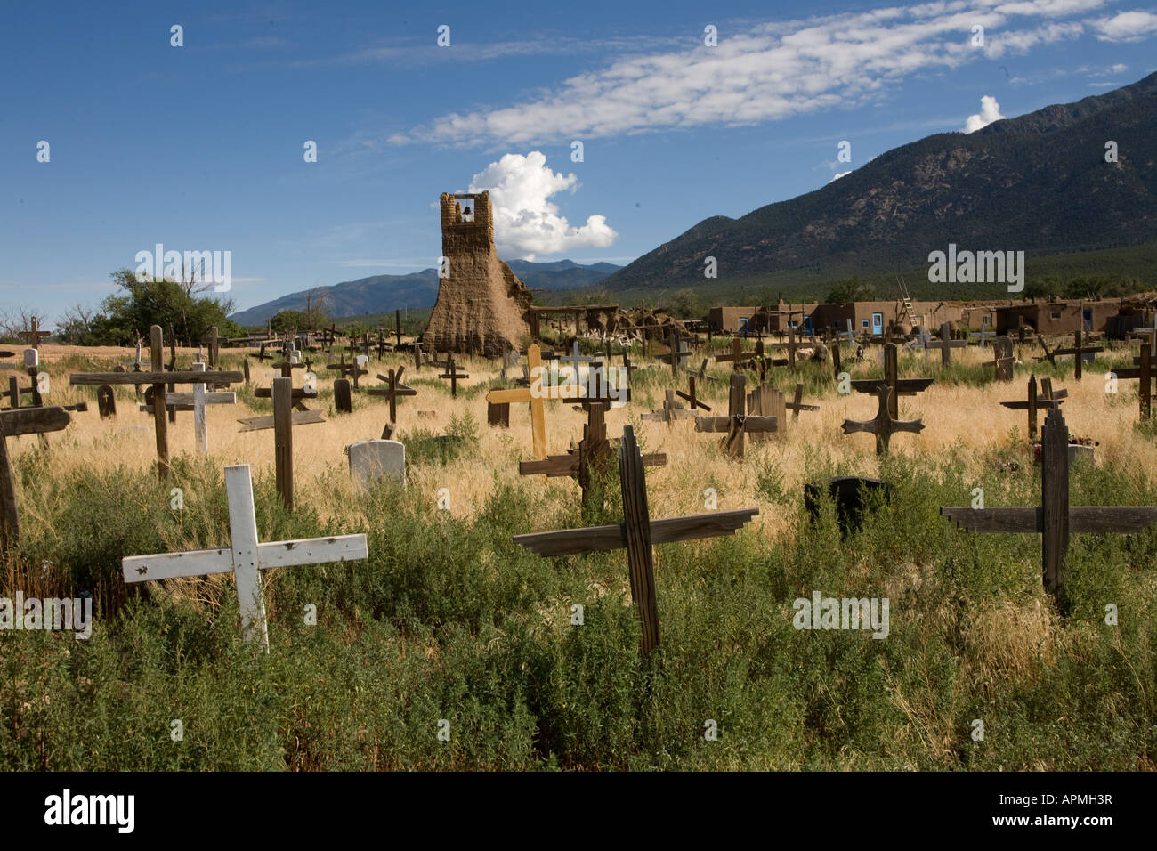 Active Indian cemetery at Taos Pueblo Taos New Mexico Stock