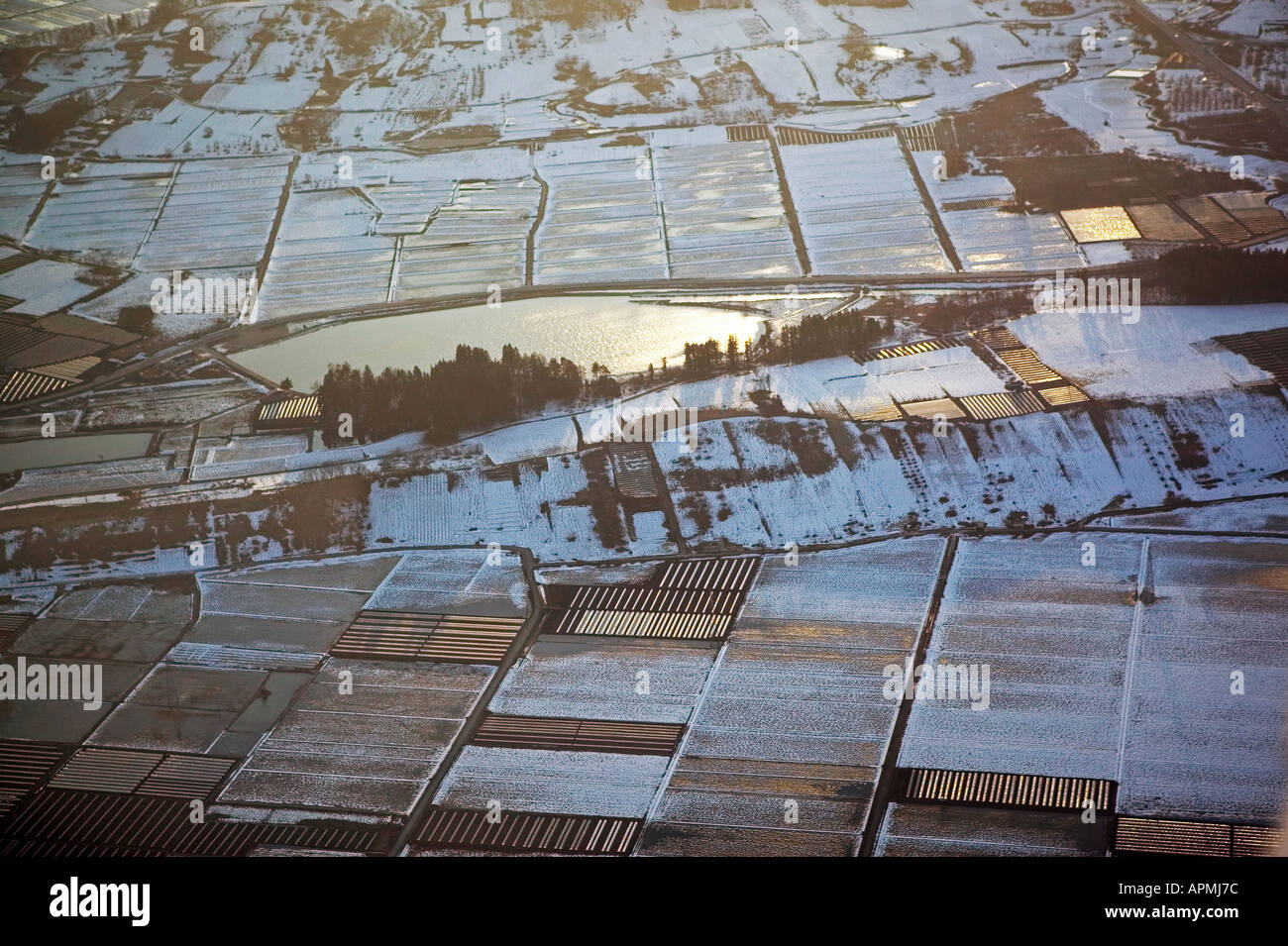 aerial view farming fields in Yamagata, northern Honshu, Japan in winter Stock Photo