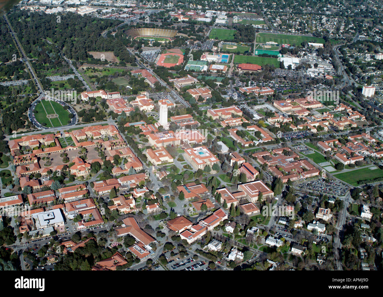 aerial view above Stanford University campus Palo Alto California Silicon Valley Stock Photo