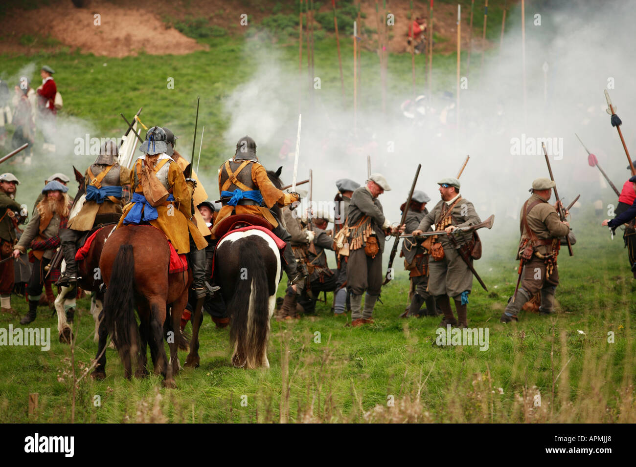 A civil war re-enactment in Sandbach Cheshire England performed by the Sealed Knot Society. Stock Photo