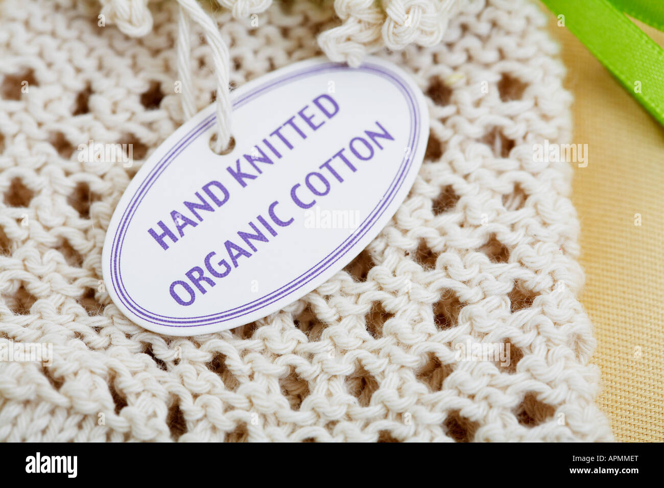 Label on knitted product (close-up) Stock Photo