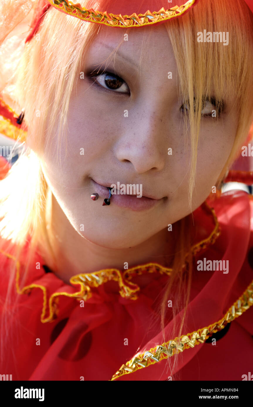 Portrait of funky Japanese teen with facial piercing in Harajuku, Japan. Stock Photo
