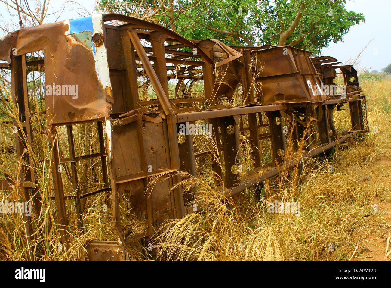Remains of a bus ambushed by the LRA along the Juba Rd in Northern Uganda. Stock Photo