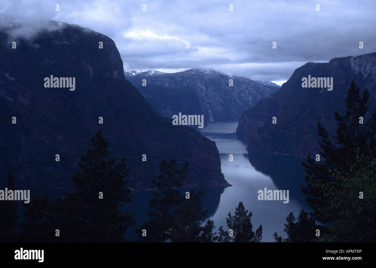 Early morning view into the Aurlandsfjord, Aurland, Norway Stock Photo