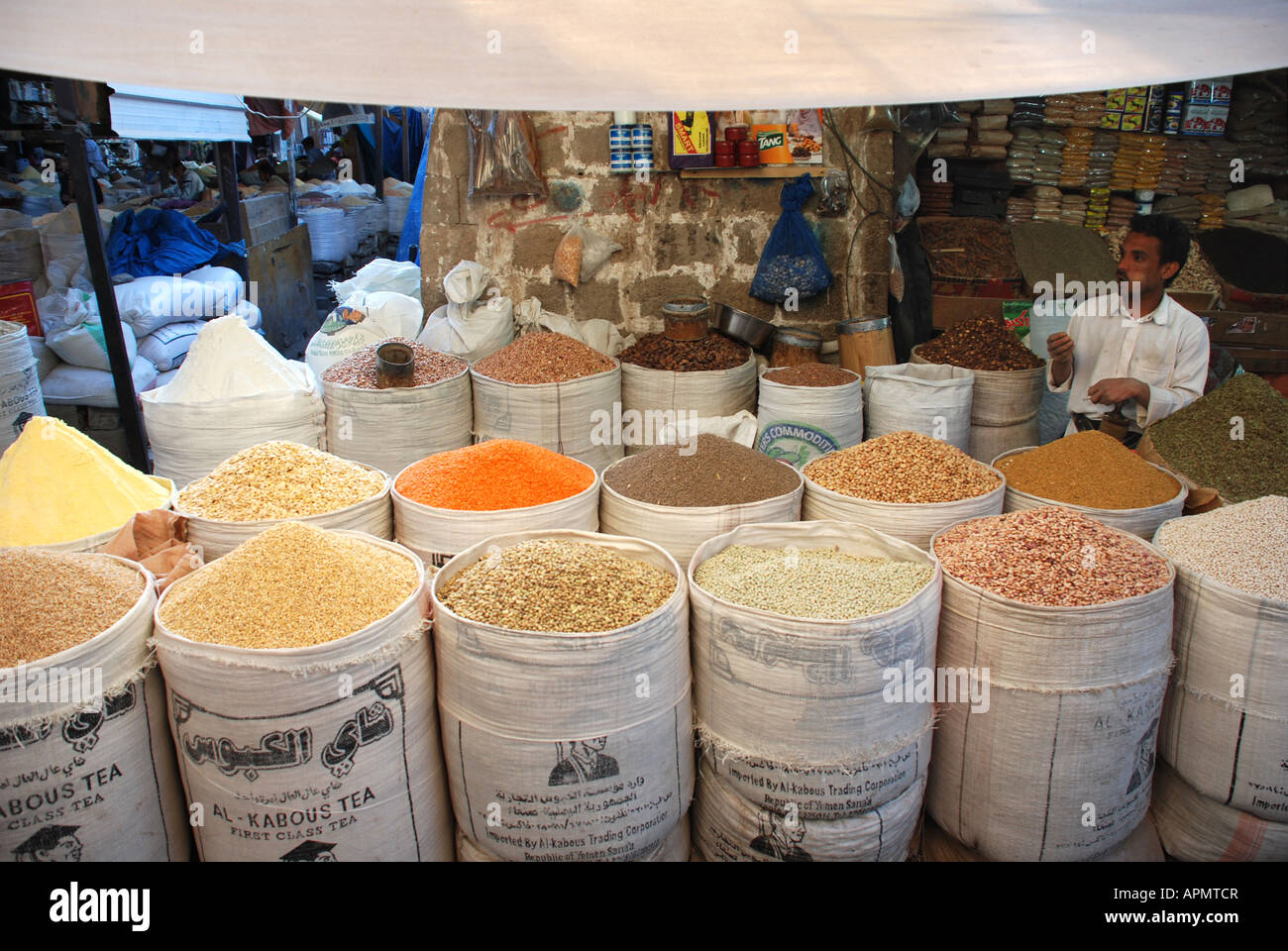 Man selling spices in the old souk in Sana'a, Yemen. Stock Photo