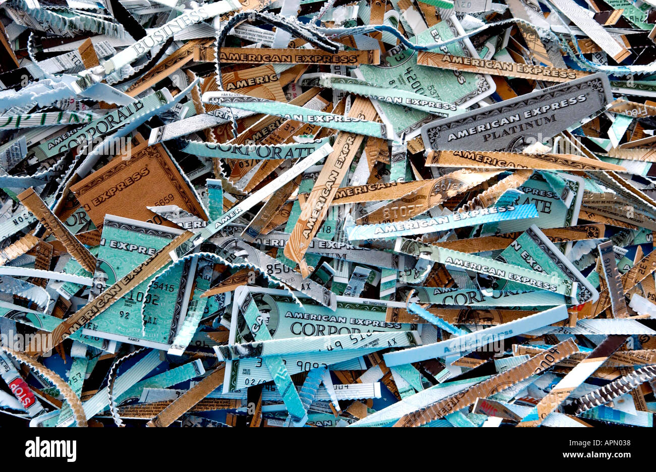 Redundant shredded American Express plastic credit cards in a waste bin Stock Photo