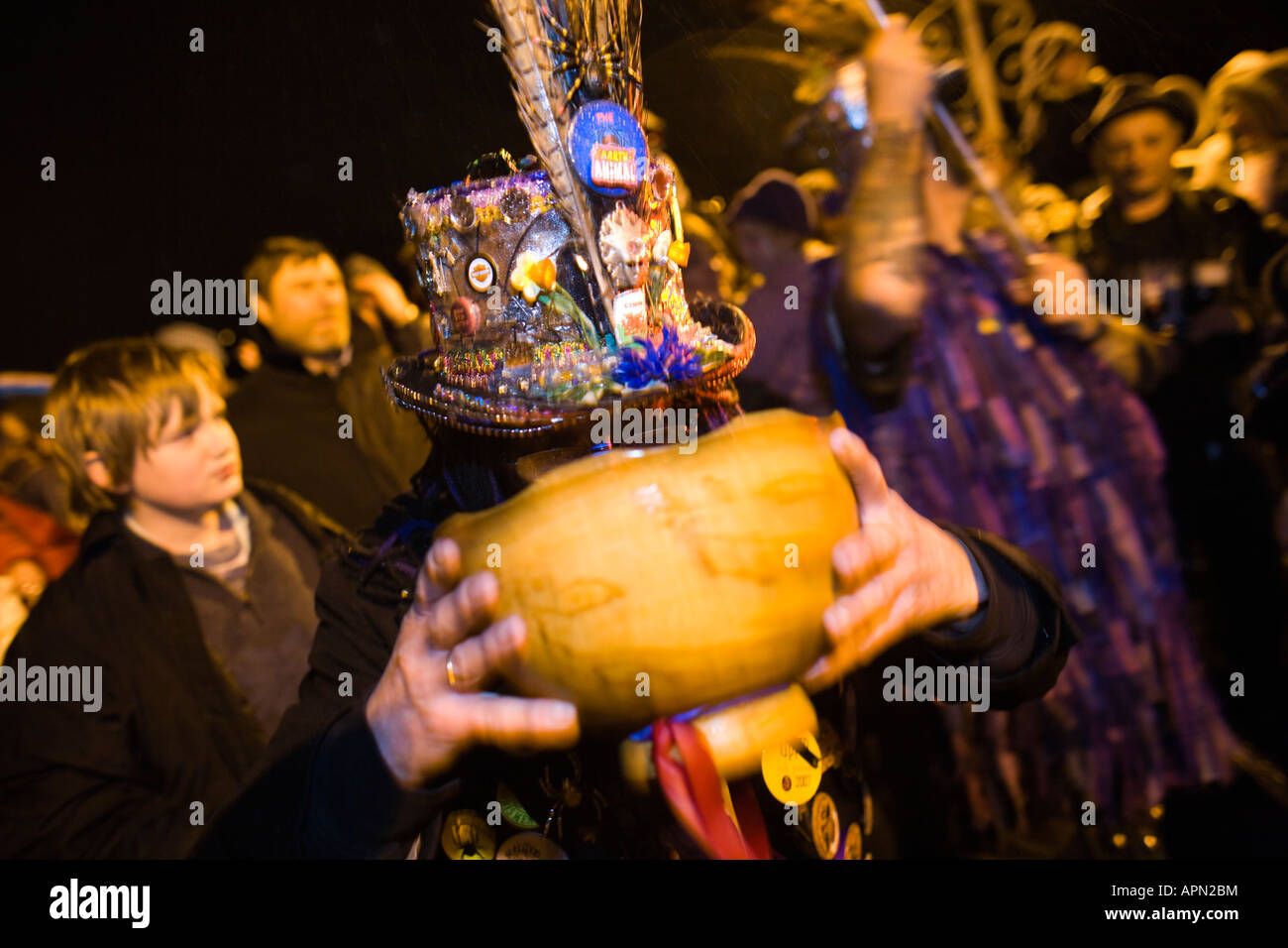 Drinking from the Wassail Bowl at tthe Chepstow Wassail and Mari Lwyd custom, Chepstow, Wales Stock Photo