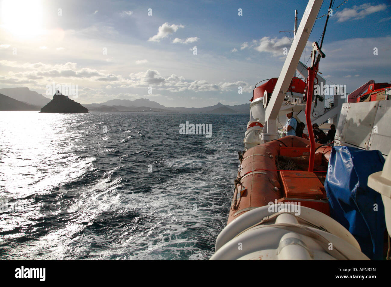 View of Sao Vicente from the ferry between Mindelo and Santo Antao in the Cape Verde islands Stock Photo