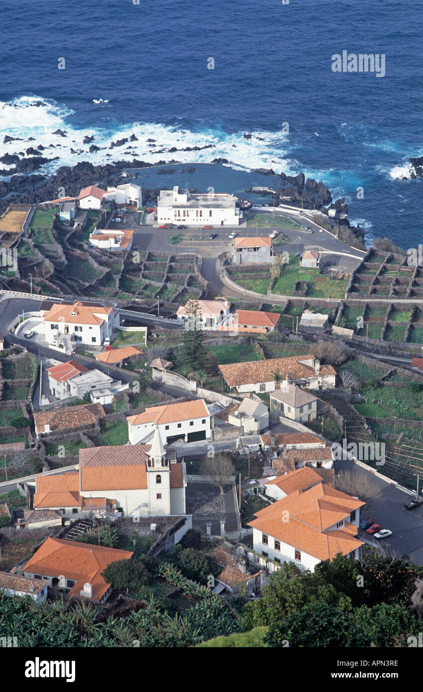A bird s eye view over Porto do Moniz with whitewashed buildings topped with terracotta coloured tiled roofs Stock Photo