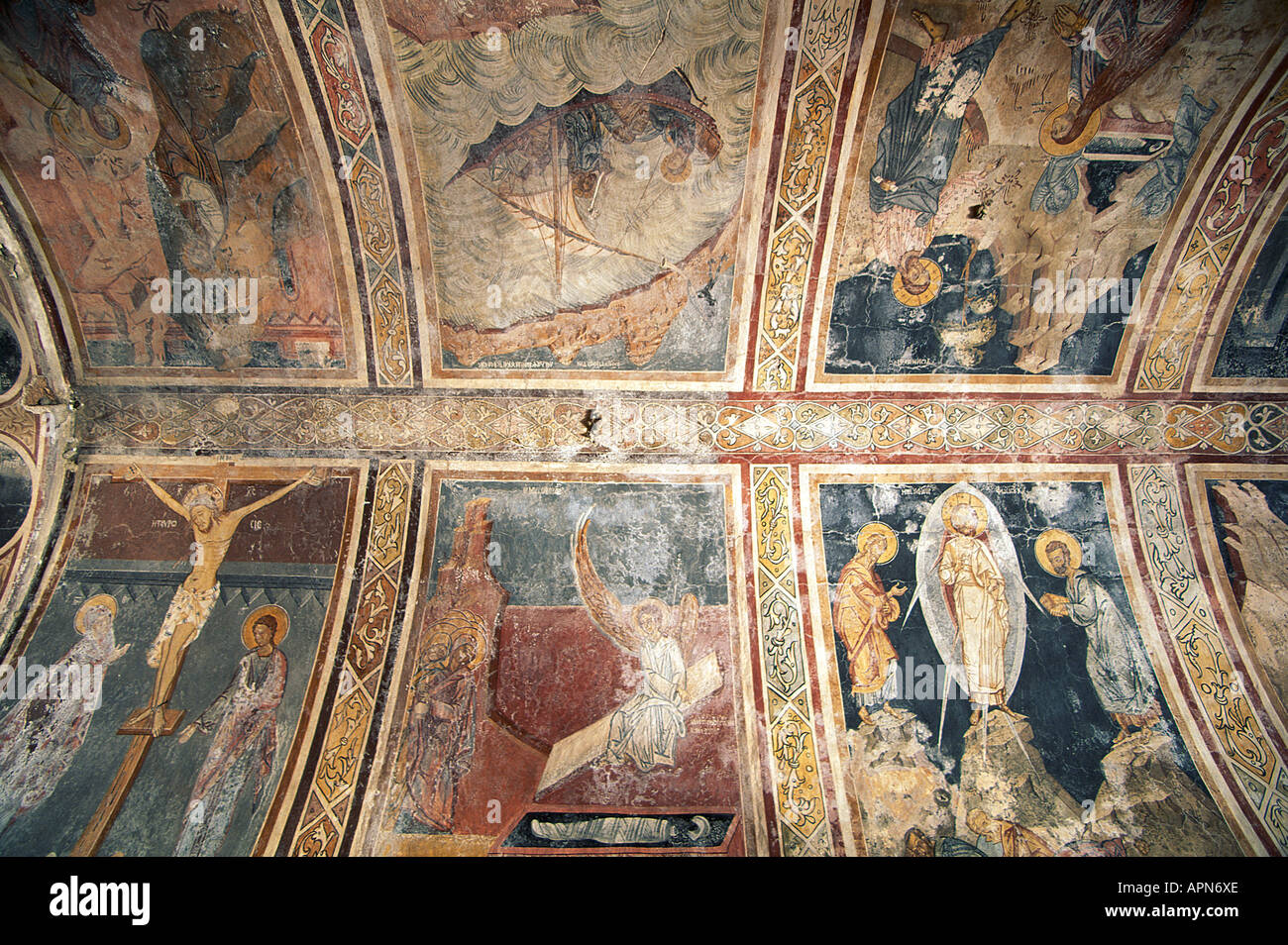 Detail of 14th century frescoes decorating the interior of the ...