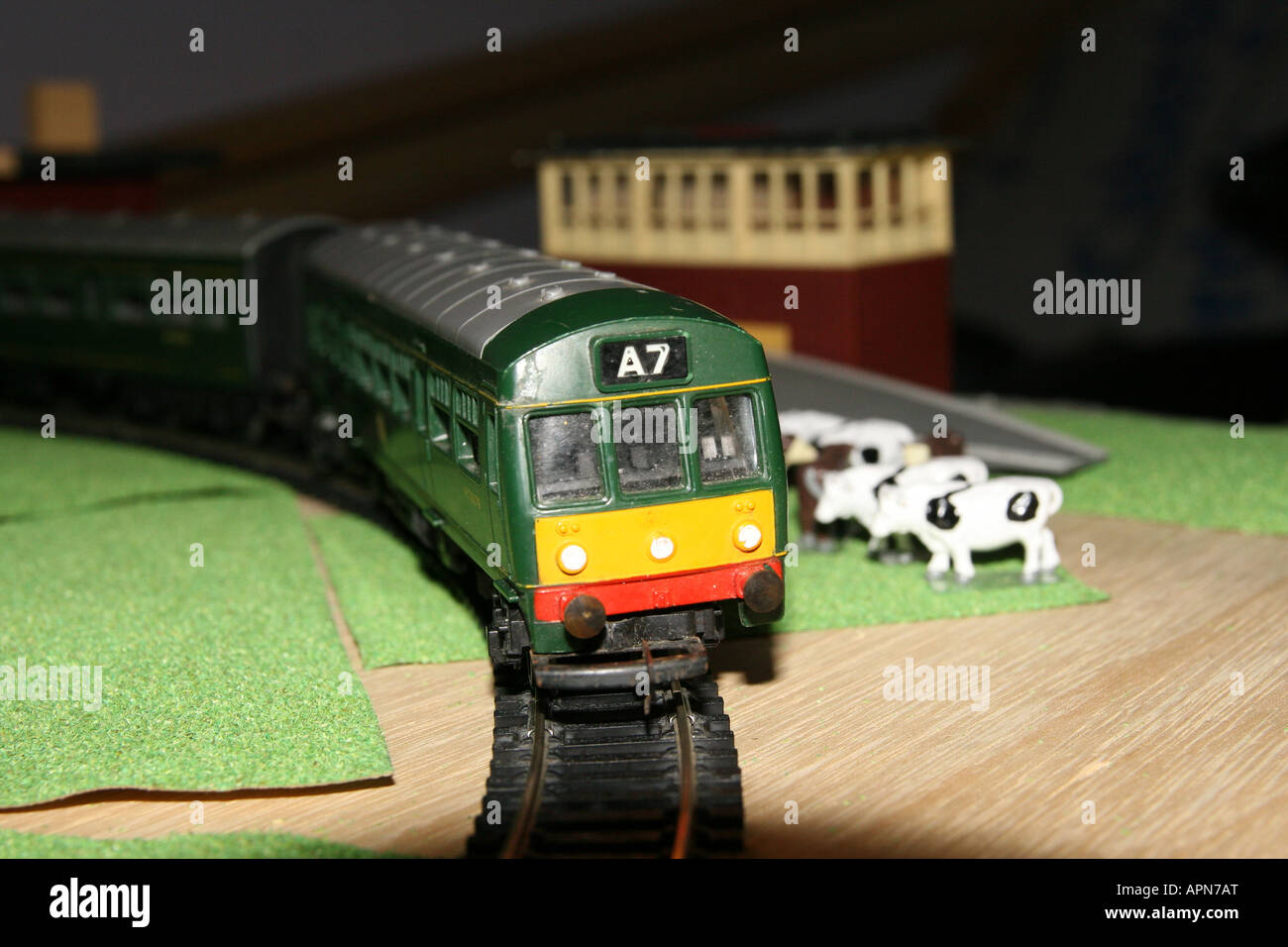 Model Diesel train on Childs Train Set Stock Photo