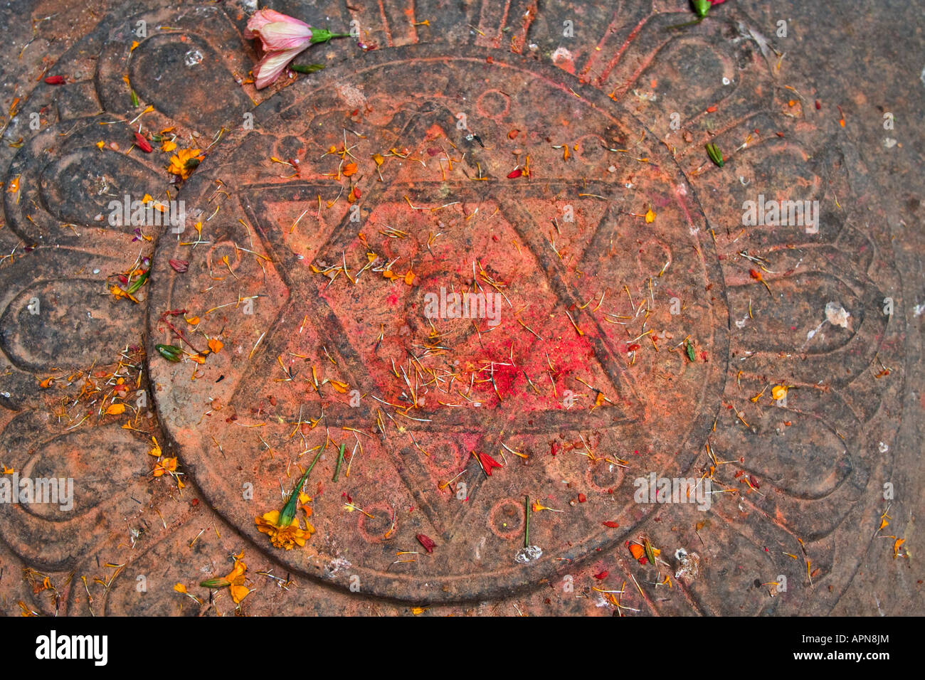 Khat-kon David's Star with Sindur dust at Kumari Bahal Chowk, Kathmandu, Nepal Stock Photo