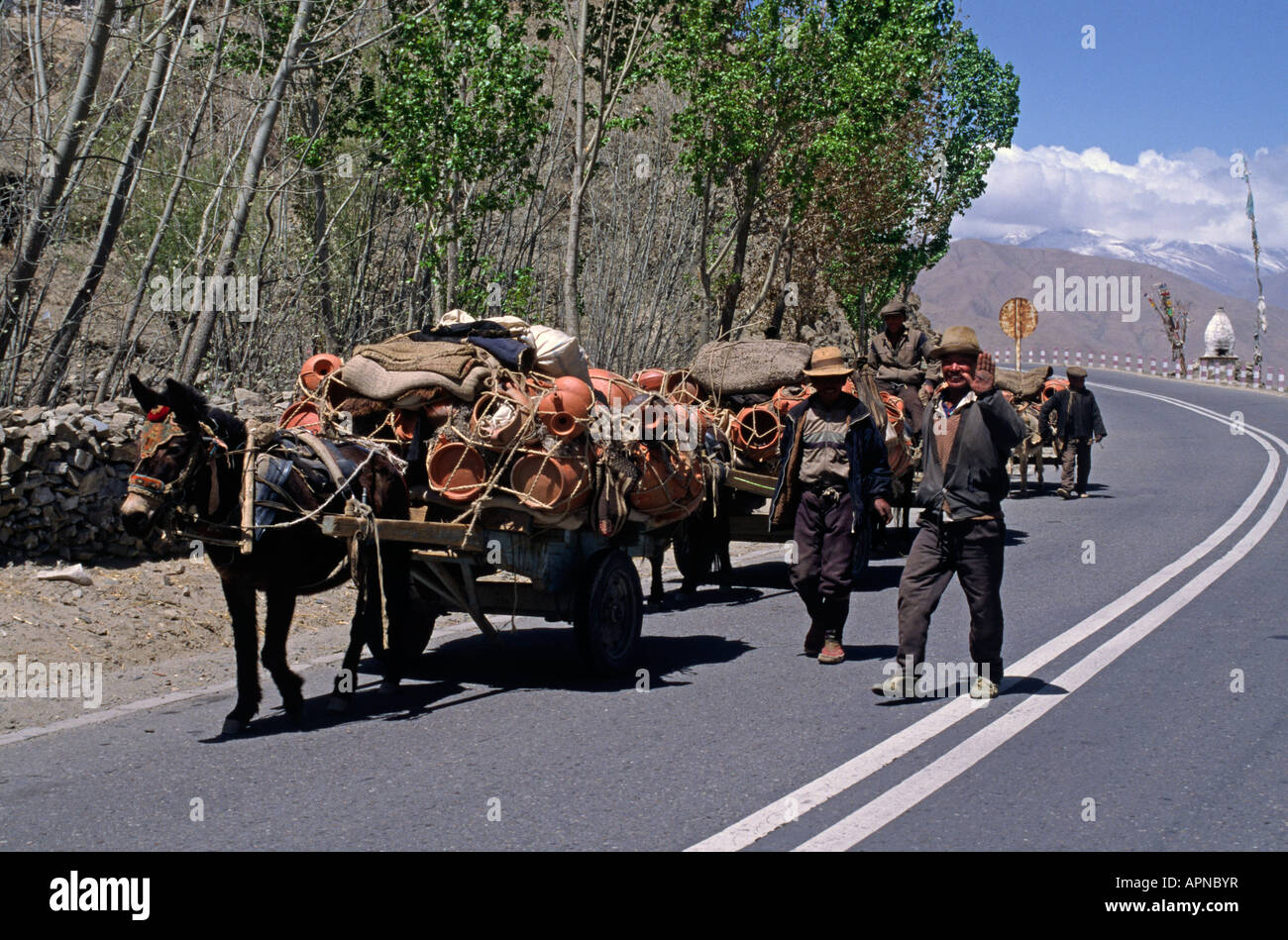 POTTERS from SHIGATSE haul their wares by horse drawn cart to LHASA CENTRAL TIBET Stock Photo