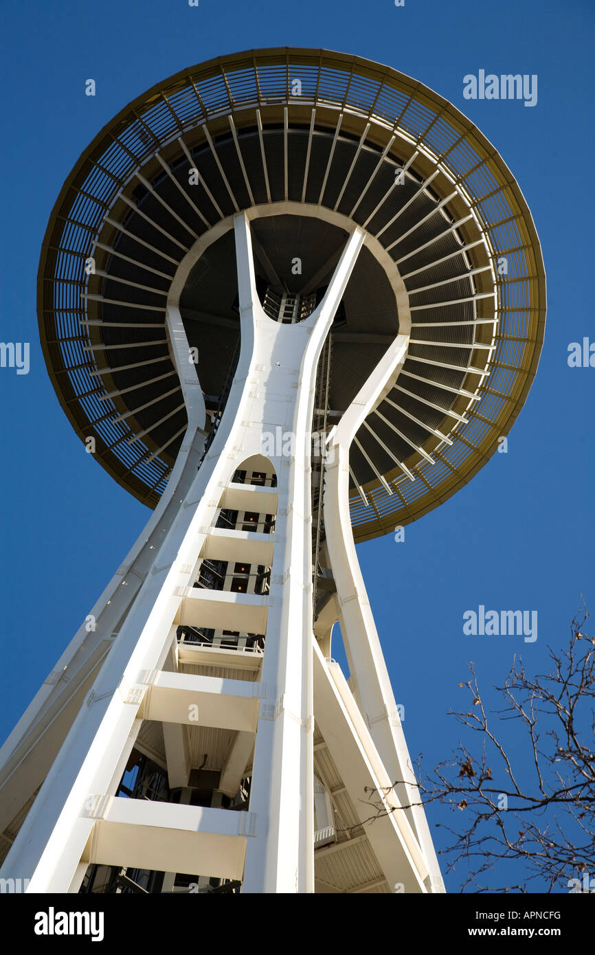 Looking up at Space Needle in Seattle Stock Photo