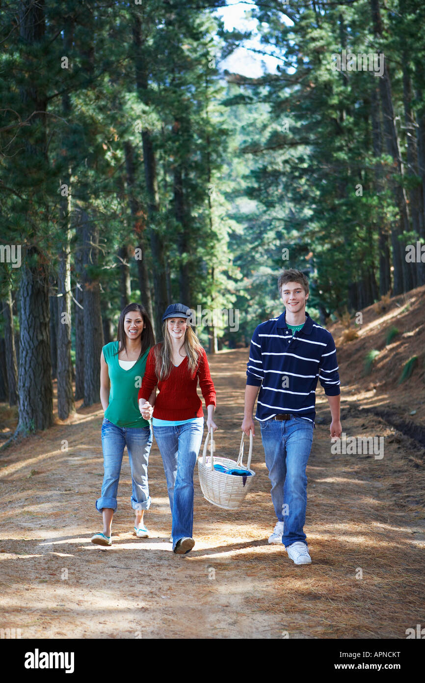 Teenagers carrying picnic equipment in forest Stock Photo