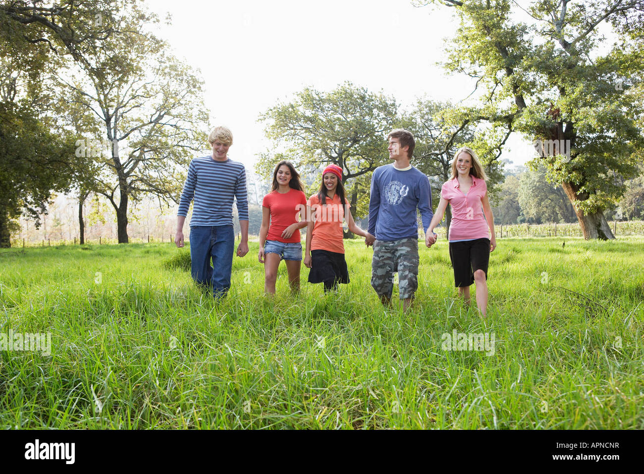 Five teenagers walking in field Stock Photo