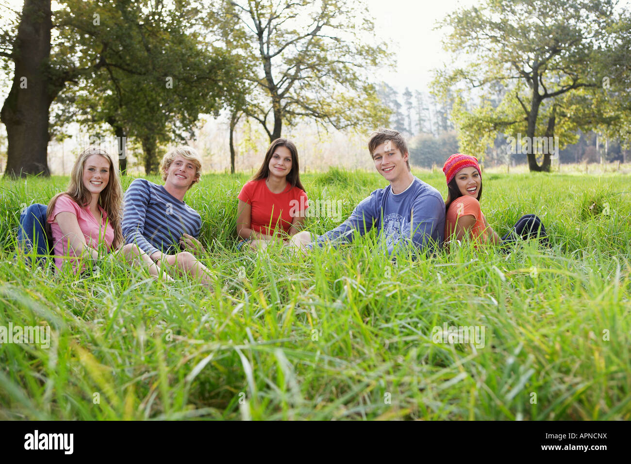 Five teenagers sitting in field (portrait) Stock Photo