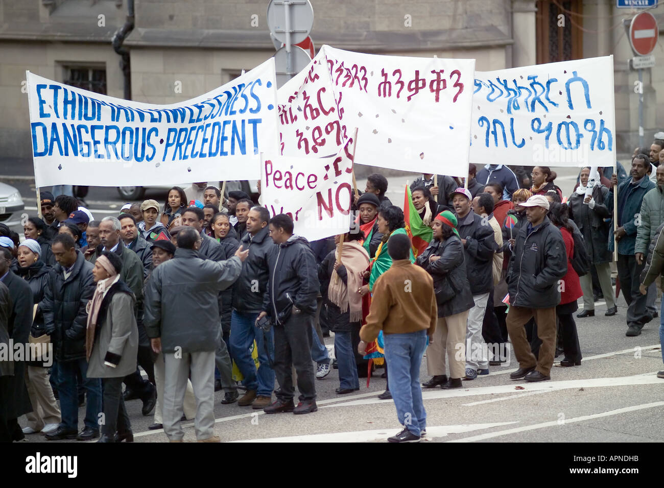 November 2003, protest march toward European Parliament against war on Eritrean/Ethiopian border, Strasbourg, Alsace, France Stock Photo