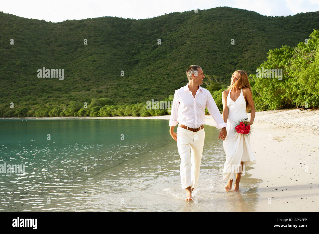 Newlyweds walking on beach, St. John, US Virgin Islands, USA Stock Photo