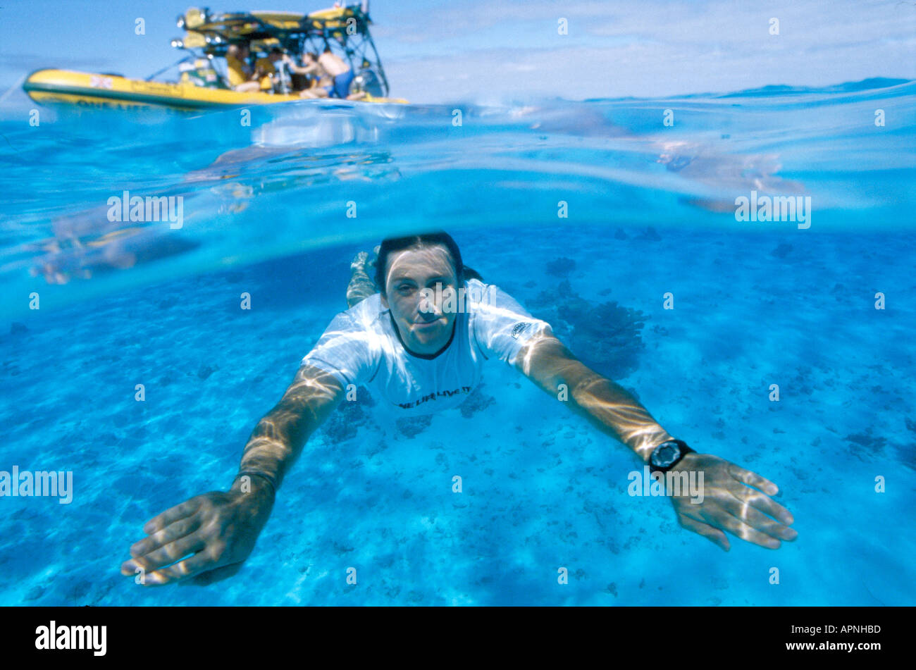 Underwater swimming, challenge and endurance, Tonga, Samoa Stock Photo