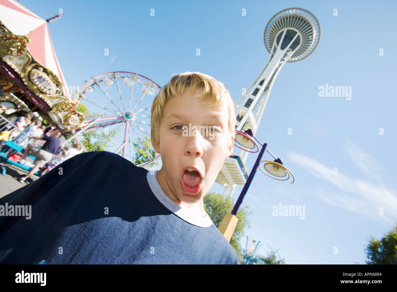 Boy at Space Needle making silly face Stock Photo