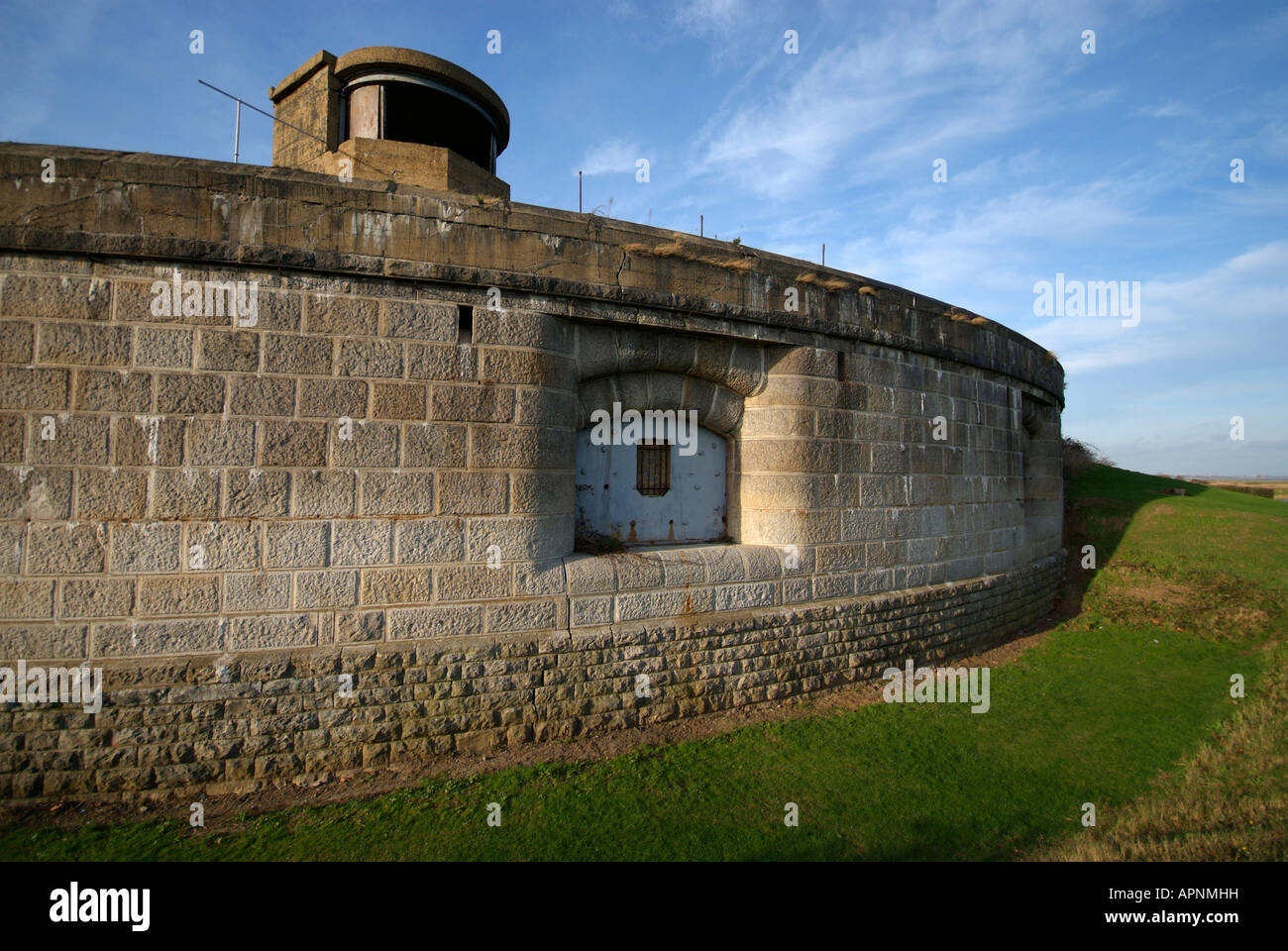 The front of Coalhouse fort with gun turrets facing out into the Thames estuary to protect against foreign invasion Stock Photo
