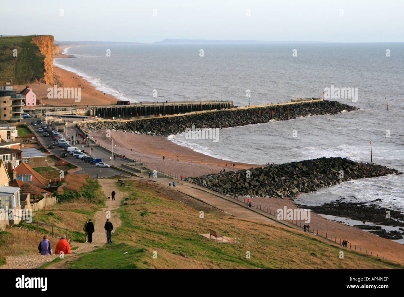 west bay harbour town from hill viewpoint dorset summer fishing boats ...
